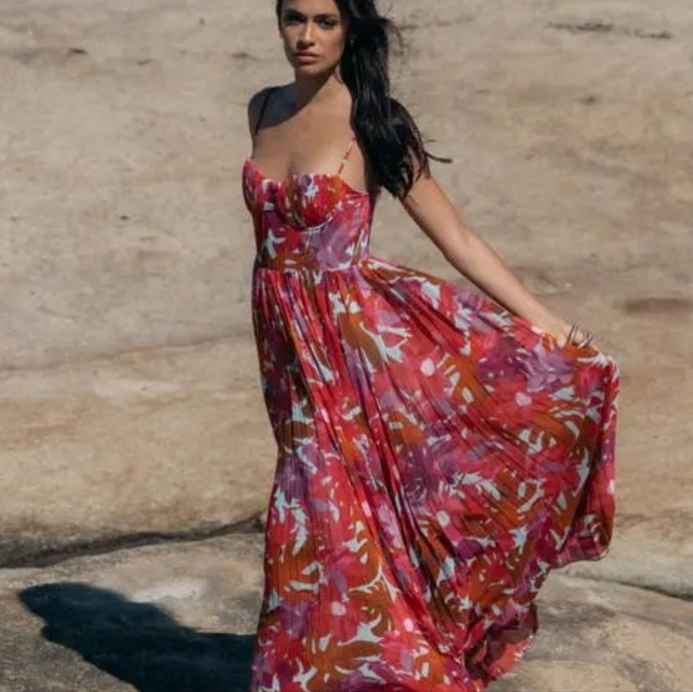 PETAL & PUP Achanti Bustier Pleated Maxi Dress In Pink Azalea Floral Print XS